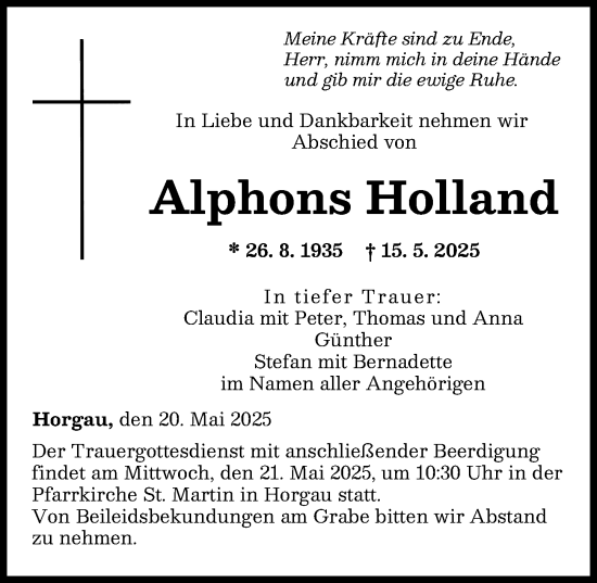 Traueranzeige von Alphons Holland von Augsburger Allgemeine