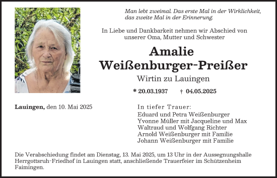 Traueranzeige von Amalie Weißenburger-Preißer von Donau Zeitung