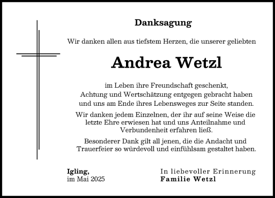 Traueranzeige von Andrea Wetzl von Landsberger Tagblatt