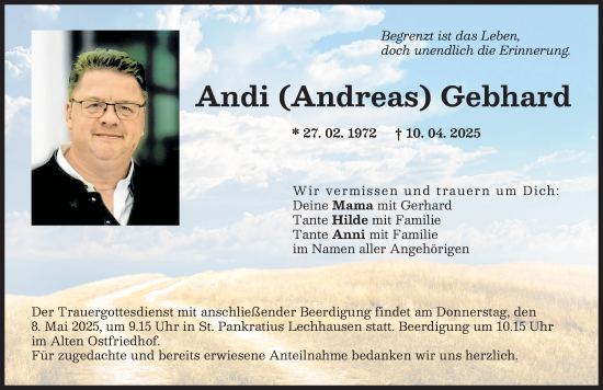 Traueranzeige von Andreas Gebhard von Augsburger Allgemeine