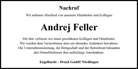 Traueranzeige von Andrej Feller von Rieser Nachrichten