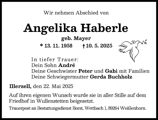 Traueranzeige von Angelika Haberle von Illertisser Zeitung, Neu-Ulmer Zeitung