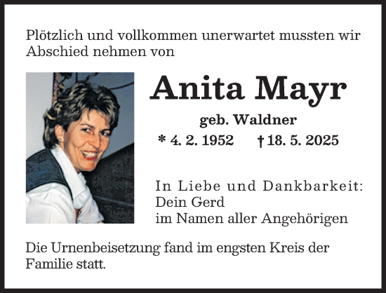Traueranzeige von Anita Mayr von Augsburger Allgemeine