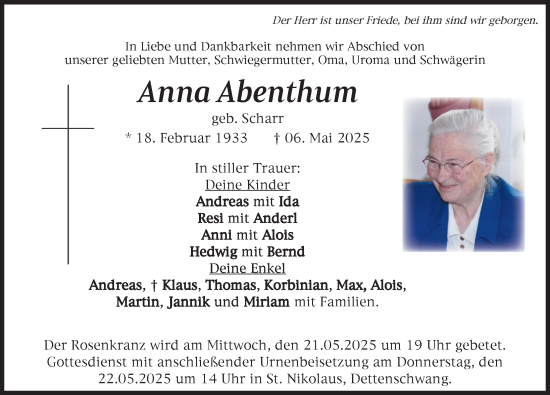 Traueranzeige von Anna Abenthum von Landsberger Tagblatt