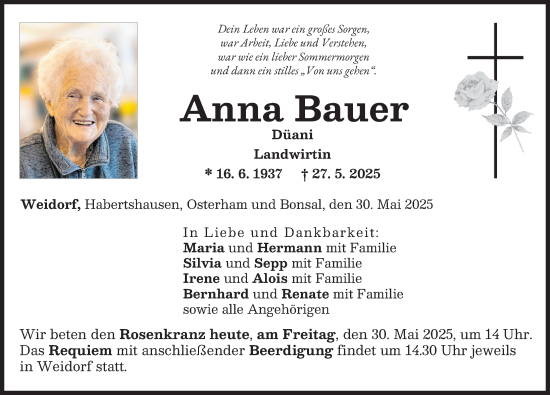 Traueranzeige von Anna Bauer von Neuburger Rundschau