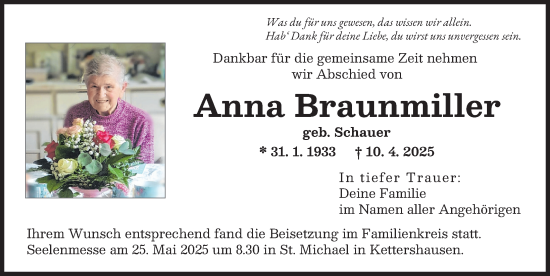 Traueranzeige von Anna Braunmiller von Illertisser Zeitung
