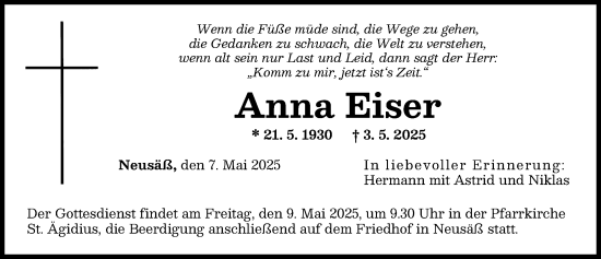 Traueranzeige von Anna Eiser von Augsburger Allgemeine
