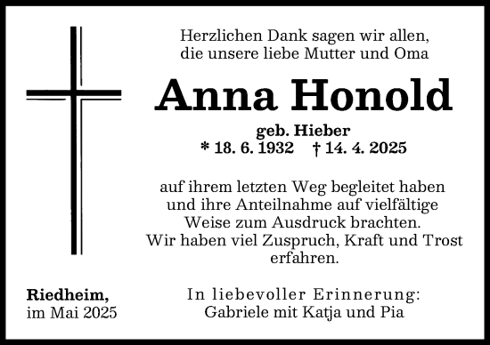 Traueranzeige von Anna Honold von Günzburger Zeitung