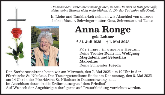Traueranzeige von Anna Ronge von Ammersee Kurier