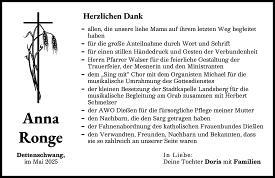 Traueranzeige von Anna Ronge von Landsberger Tagblatt