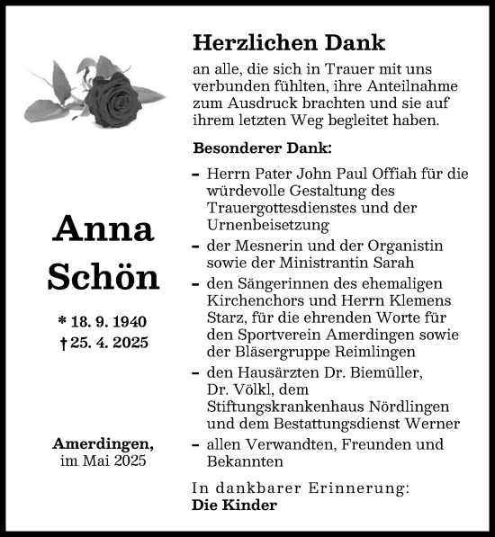 Traueranzeige von Anna Schön von Rieser Nachrichten