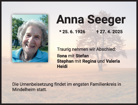 Traueranzeige von Anna Seeger von Mindelheimer Zeitung