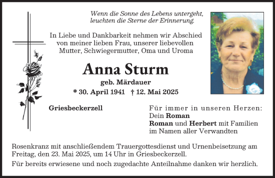 Traueranzeige von Anna Sturm von Aichacher Nachrichten