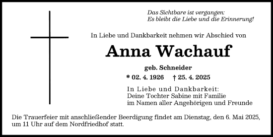 Traueranzeige von Anna Wachauf von Augsburger Allgemeine