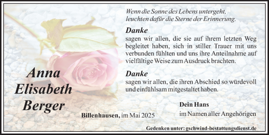 Traueranzeige von Anna Elisabeth Berger von Mittelschwäbische Nachrichten