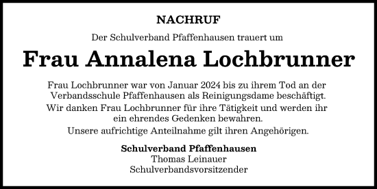 Traueranzeige von Annalena Lochbrunner von Mindelheimer Zeitung