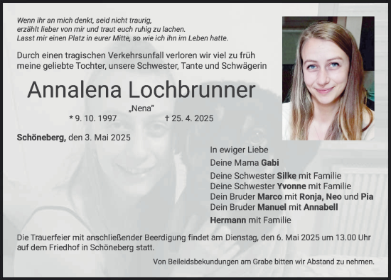 Traueranzeige von Annalena Lochbrunner von Mindelheimer Zeitung