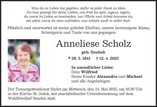 Traueranzeige von Anneliese Scholz von Neu-Ulmer Zeitung