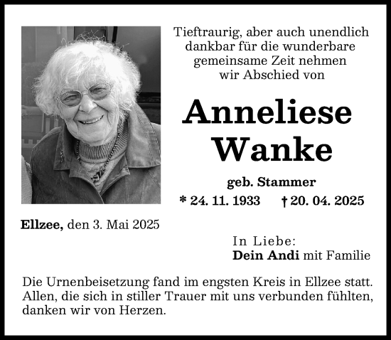 Traueranzeige von Anneliese Wanke von Günzburger Zeitung