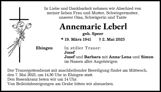 Traueranzeige von Annemarie Leberl von Wertinger Zeitung, Augsburg-Land