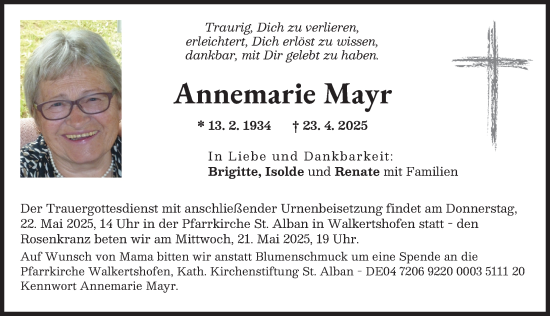 Traueranzeige von Annemarie Mayr von Schwabmünchner Allgemeine, Mittelschwäbische Nachrichten
