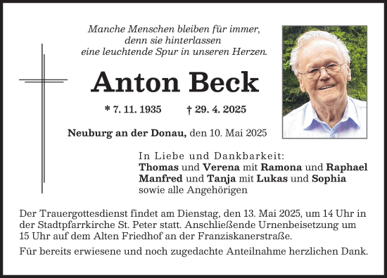 Traueranzeige von Anton Beck von Neuburger Rundschau