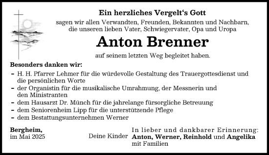 Traueranzeige von Anton Brenner von Donau Zeitung