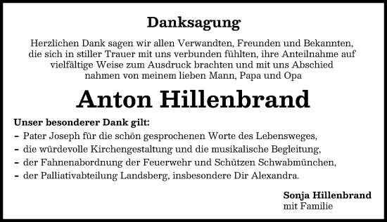 Traueranzeige von Anton Hillenbrand von Schwabmünchner Allgemeine