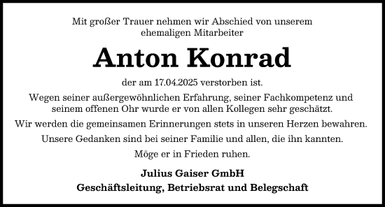 Traueranzeige von Anton Konrad von Neu-Ulmer Zeitung
