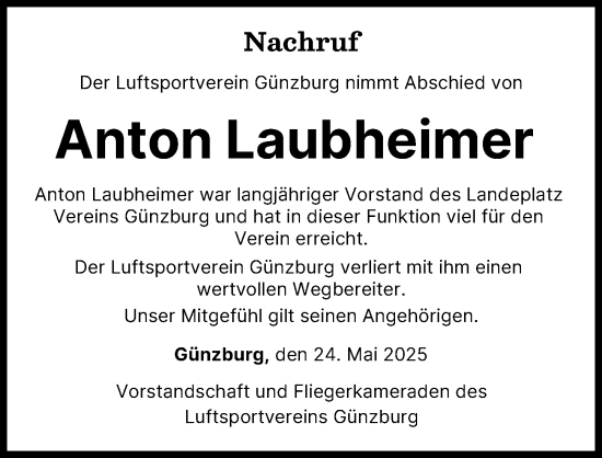 Traueranzeige von Anton Laubheimer von Günzburger Zeitung