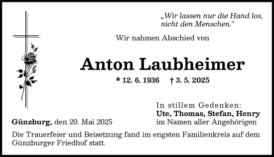 Traueranzeige von Anton Laubheimer von Günzburger Zeitung