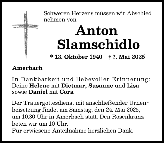 Traueranzeige von Anton Slamschidlo von Donauwörther Zeitung