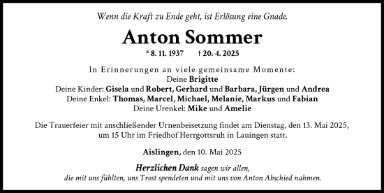 Traueranzeige von Anton Sommer von Donau Zeitung
