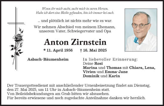 Traueranzeige von Anton Zirnstein von Donauwörther Zeitung