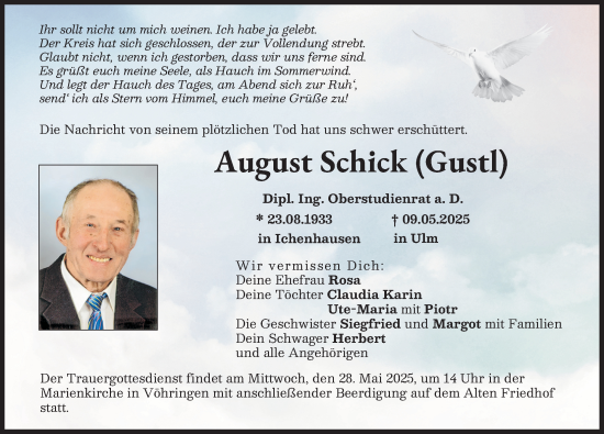 Traueranzeige von August Schick von Illertisser Zeitung, Günzburger Zeitung