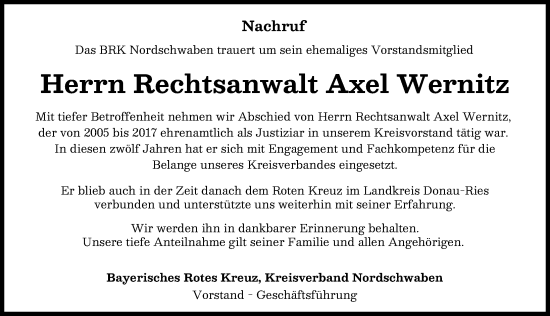 Traueranzeige von Axel Wernitz von Rieser Nachrichten