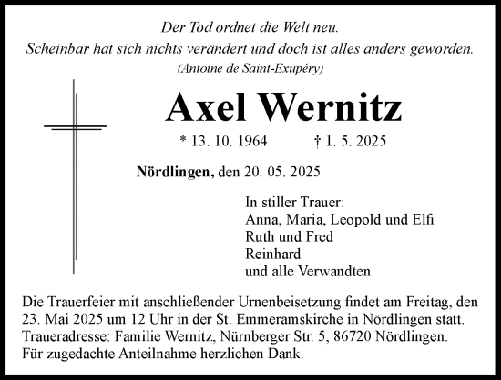 Traueranzeige von Axel Wernitz von Rieser Nachrichten