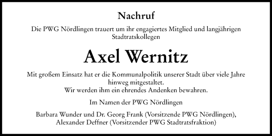 Traueranzeige von Axel Wernitz von Rieser Nachrichten