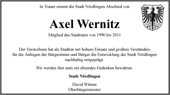 Traueranzeige von Axel Wernitz von Rieser Nachrichten
