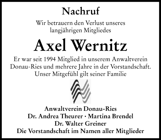Traueranzeige von Axel Wernitz von Rieser Nachrichten