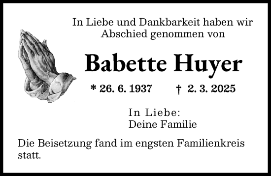 Traueranzeige von Babette Huyer von Augsburger Allgemeine