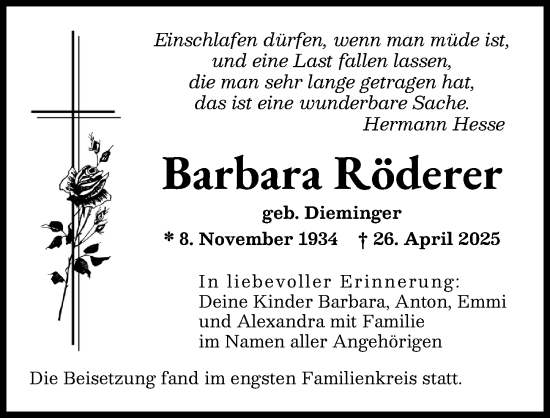 Traueranzeige von Barbara Röderer von Schwabmünchner Allgemeine