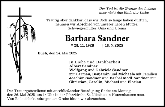 Traueranzeige von Barbara Sandner von Augsburg-Land