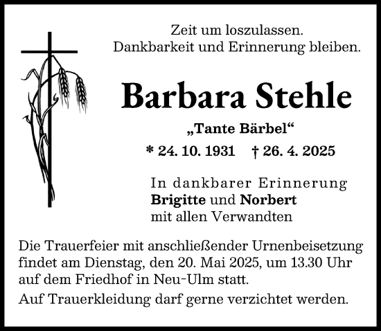Traueranzeige von Barbara Stehle von Neu-Ulmer Zeitung