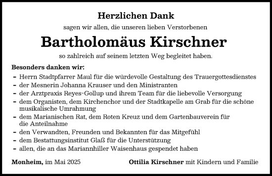 Traueranzeige von Bartholomäus Kirschner von Donauwörther Zeitung