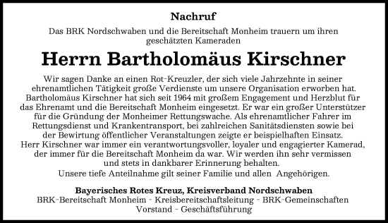 Traueranzeige von Bartholomäus Kirschner von Donauwörther Zeitung