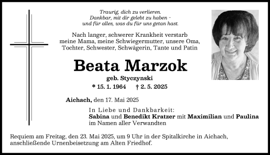 Traueranzeige von Beata Marzok von Aichacher Nachrichten