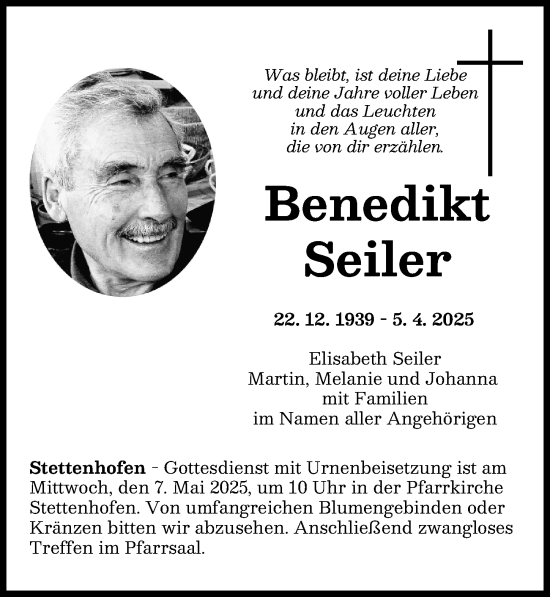 Traueranzeige von Benedikt Seiler von Augsburger Allgemeine