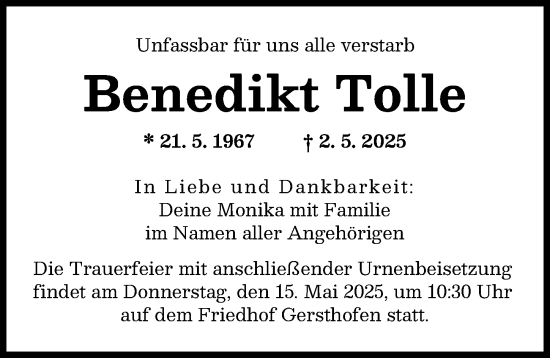 Traueranzeige von Benedikt Tolle von Augsburger Allgemeine