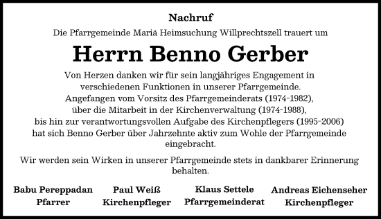 Traueranzeige von Benno Gerber von Aichacher Nachrichten